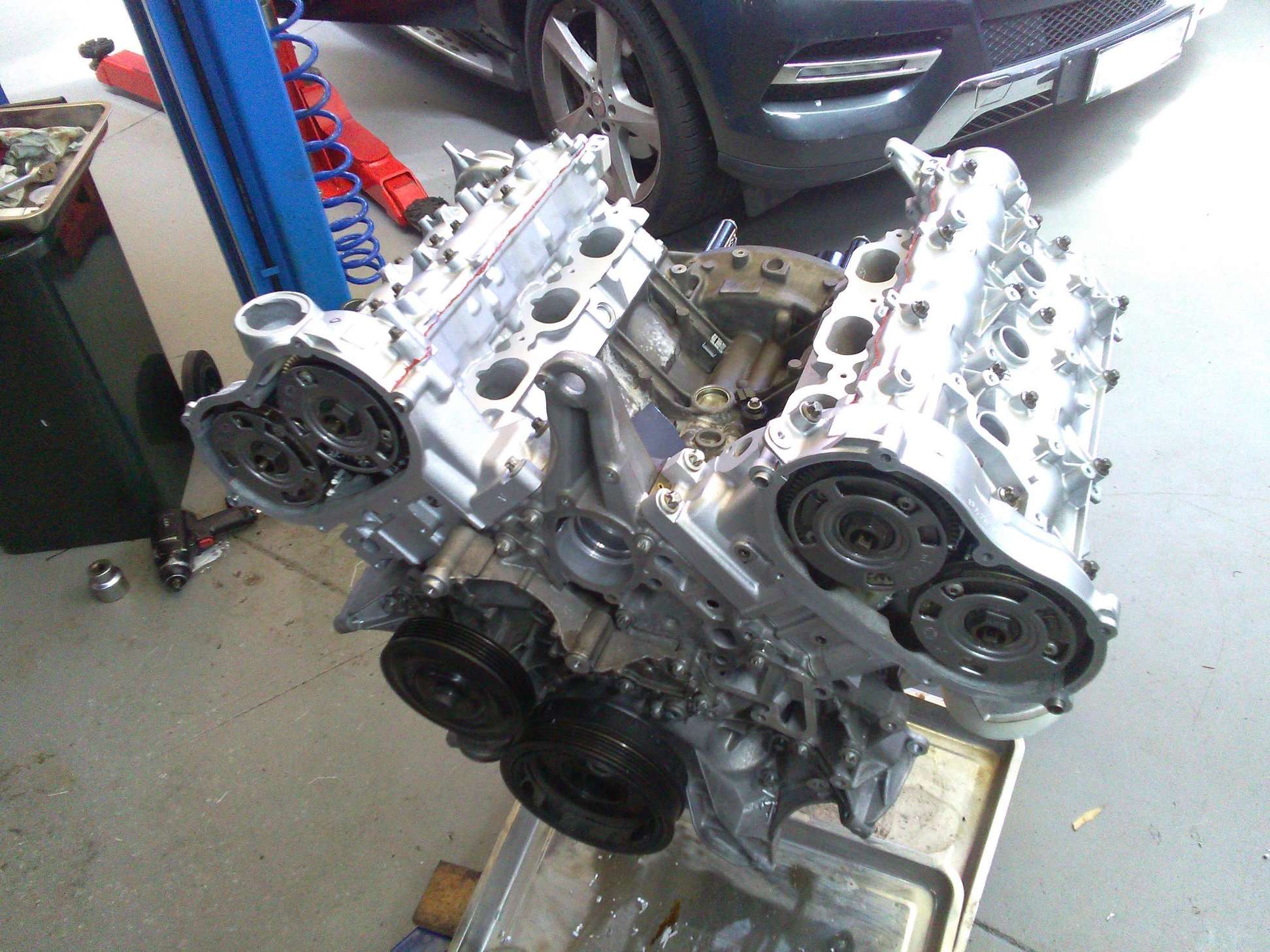 stripped engine on an engine stand
