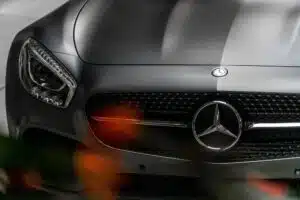 The front of a Mercedes-Benz car