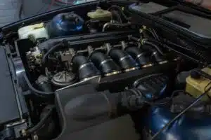 A detailed view of a BMW engine bay, highlighting the individual throttle bodies, intake manifold, and various engine components.