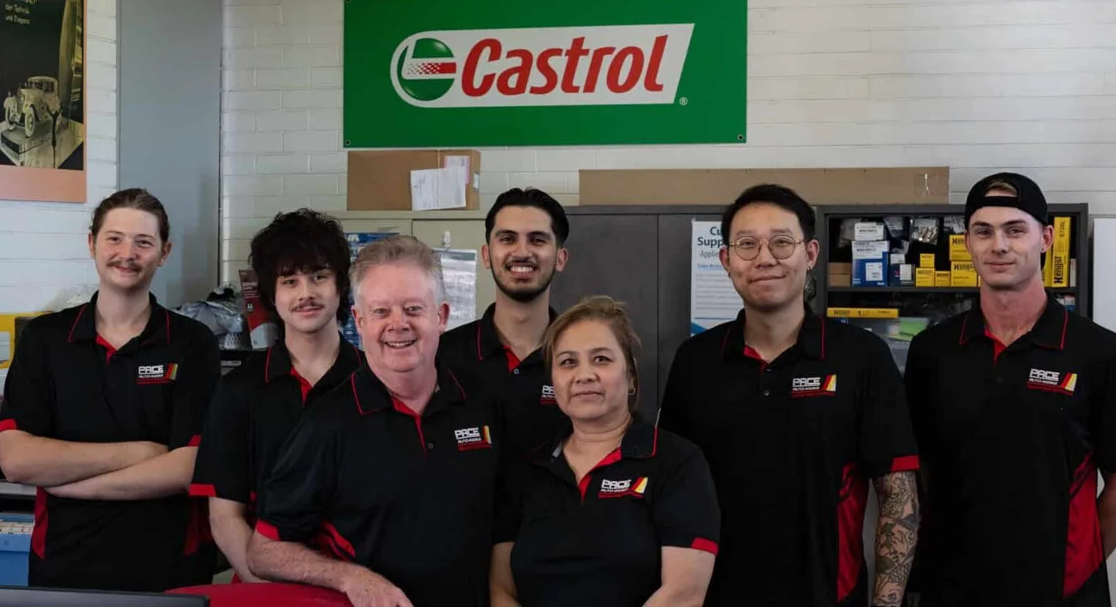 Pace Auto Werks Team Photo of the Auto Specialists inside the Workshop