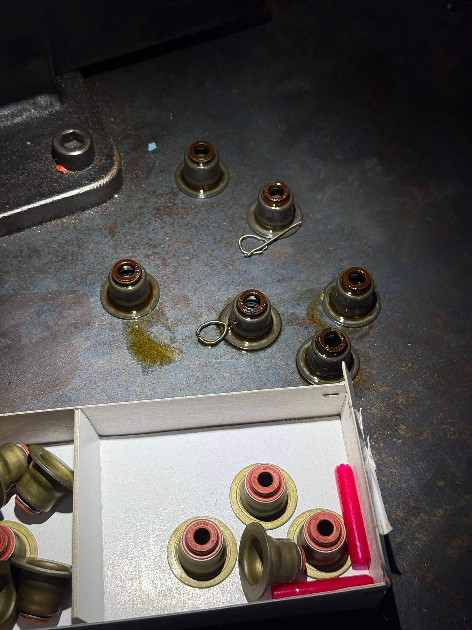 Worn valve stem seals removed from a BMW X5M S63 engine during replacement at Pace Auto Werks