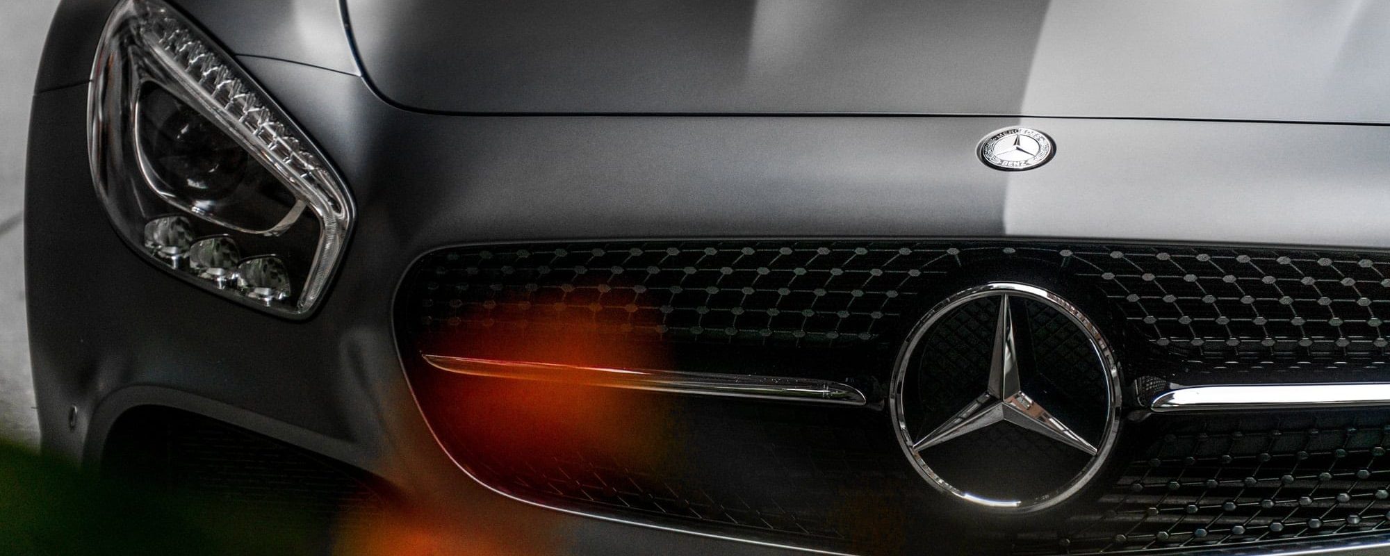 The front of a Mercedes-Benz car